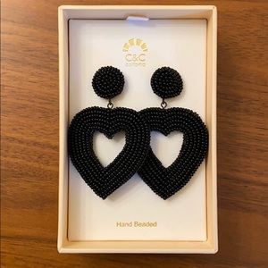 NWB C&C Hand Beaded Black Heart Earrings